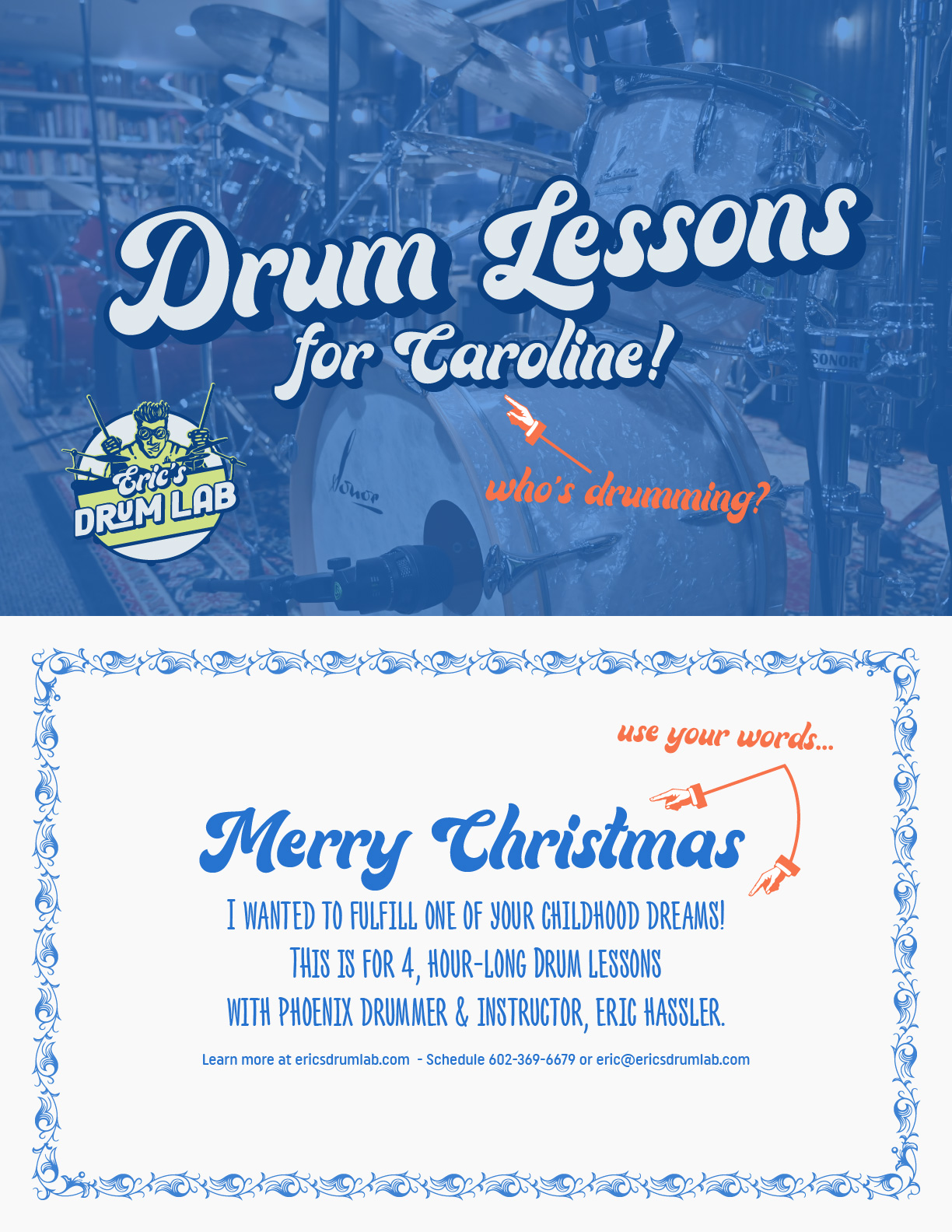 Gift Certificate for Drum Lessons at Eric's Drum Lab Phoenix 2021